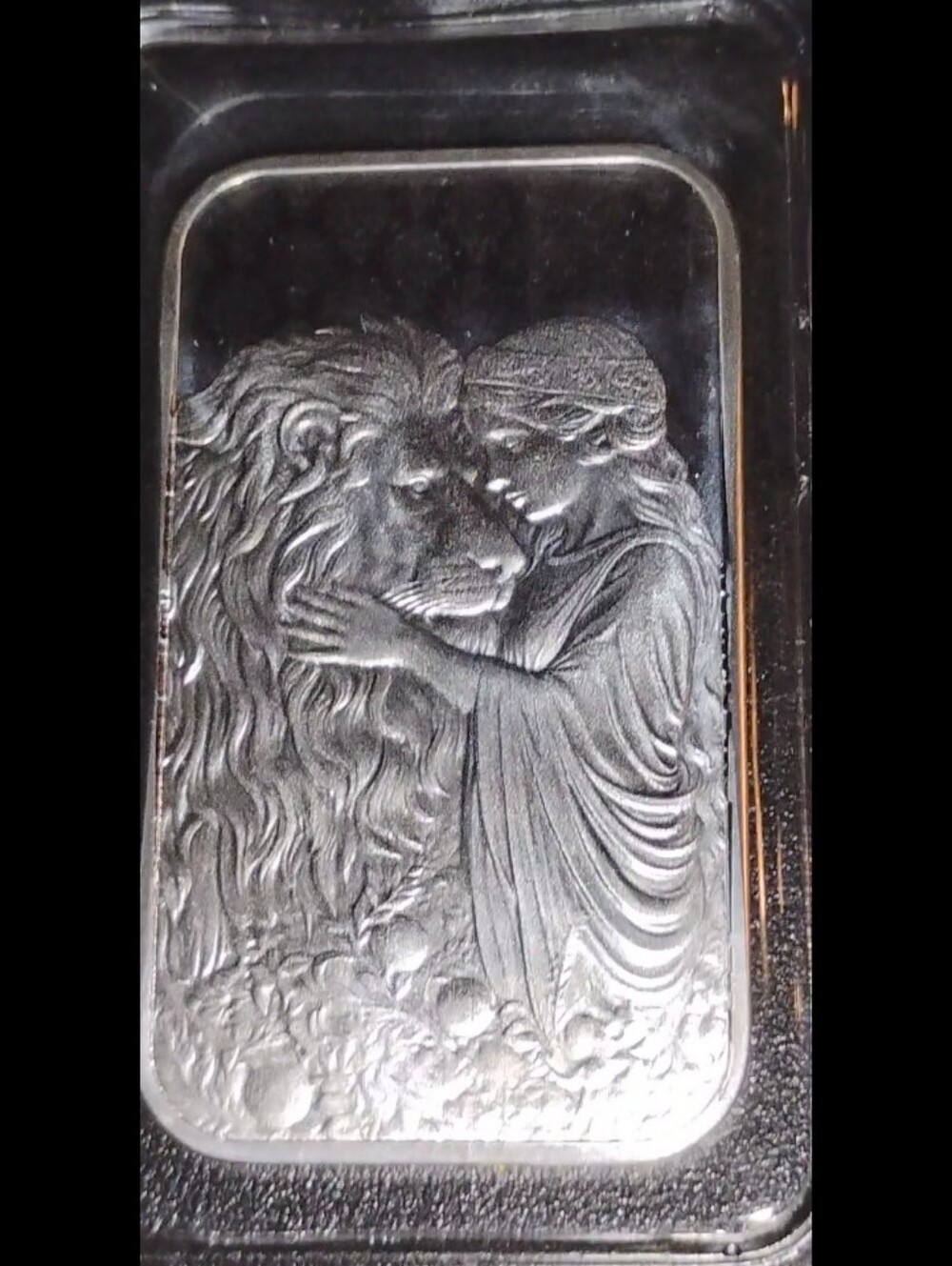 Silver Relief Art Bar Featuring Woman Embracing Lion